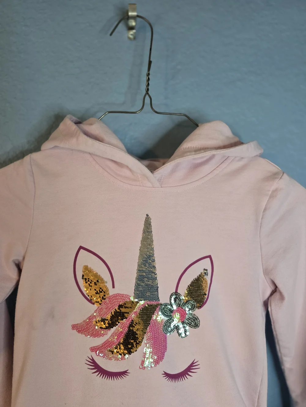 Kate Mack Pink Sequin Unicorn Hoodie Dress with Glittery Striped Skirt Sz 7